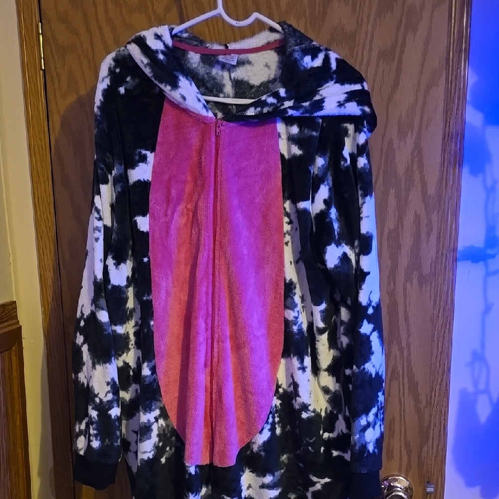 Black and White Hooded Onesie with Pink Accent